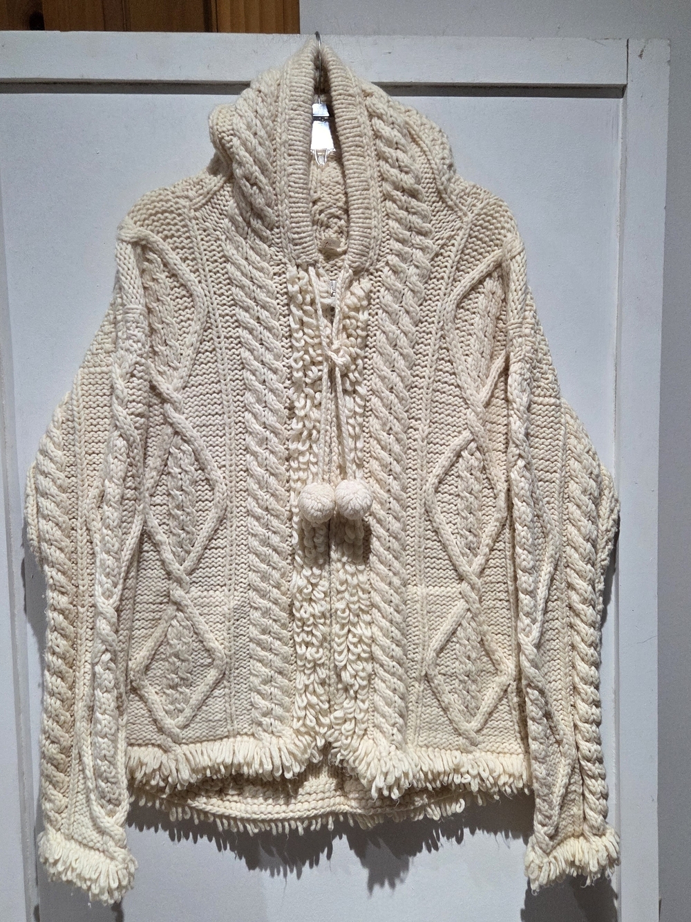 Wool Ivory Cable-Knit Hooded Cardigan with Pom-Tie Details